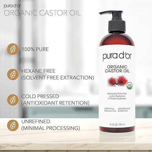 PURA DOR ORGANIC CASTOR OIL 16OZ COLD-PRESSED, USDA CERTIFIED, FOR HAIR, LASHES, BROWS, SKIN