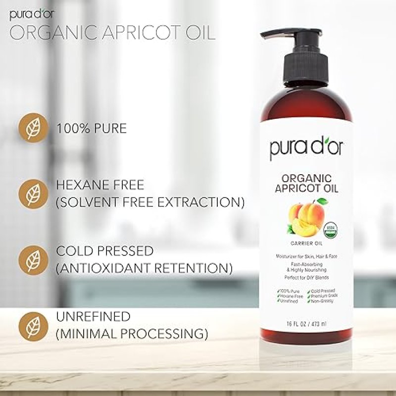 PURA DOR ORGANIC APRICOT KERNEL OIL 16OZ 100 PURE USDA COLD PRESSED CARRIER FOR SKIN HAIR