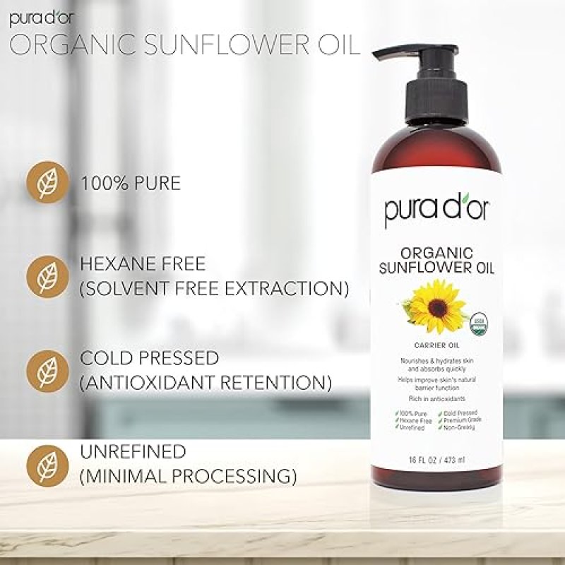 PURA DOR ORGANIC SUNFLOWER SEED OIL 16OZ 100 PURE COLD PRESSED CARRIER OIL FOR SKIN HAIR