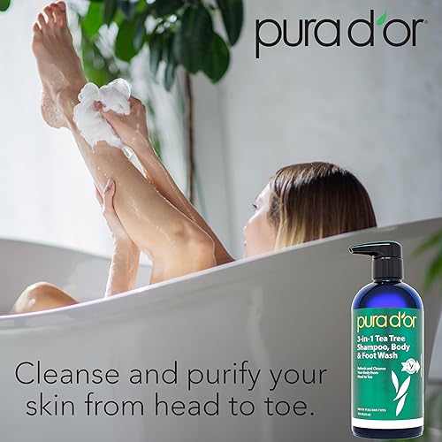 PURA DOR 3-IN-1 TEA TREE SHAMPOO, BODY FOOT WASH, 16OZ ODOR CONTROL DAILY CLEANSING