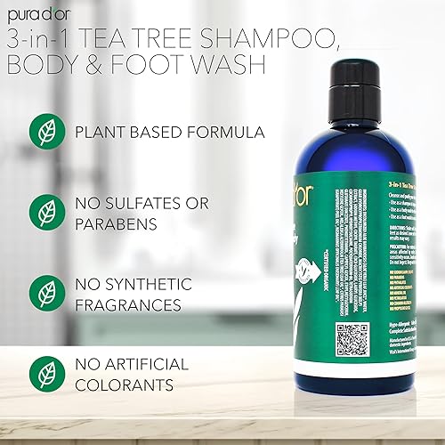 PURA DOR 3-IN-1 TEA TREE SHAMPOO, BODY FOOT WASH, 16OZ ODOR CONTROL DAILY CLEANSING