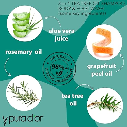 PURA DOR 3-IN-1 TEA TREE SHAMPOO, BODY FOOT WASH, 16OZ ODOR CONTROL DAILY CLEANSING