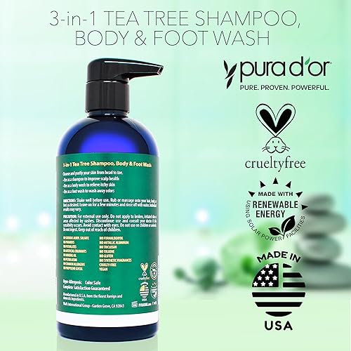 PURA DOR 3-IN-1 TEA TREE SHAMPOO, BODY FOOT WASH, 16OZ ODOR CONTROL DAILY CLEANSING
