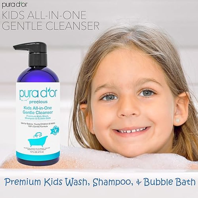 PURA D OR KIDS ALL-IN-ONE WASH 16OZ GENTLE SULFATE-FREE SHAMPOO BUBBLE BATH, HYPOALLERGENIC