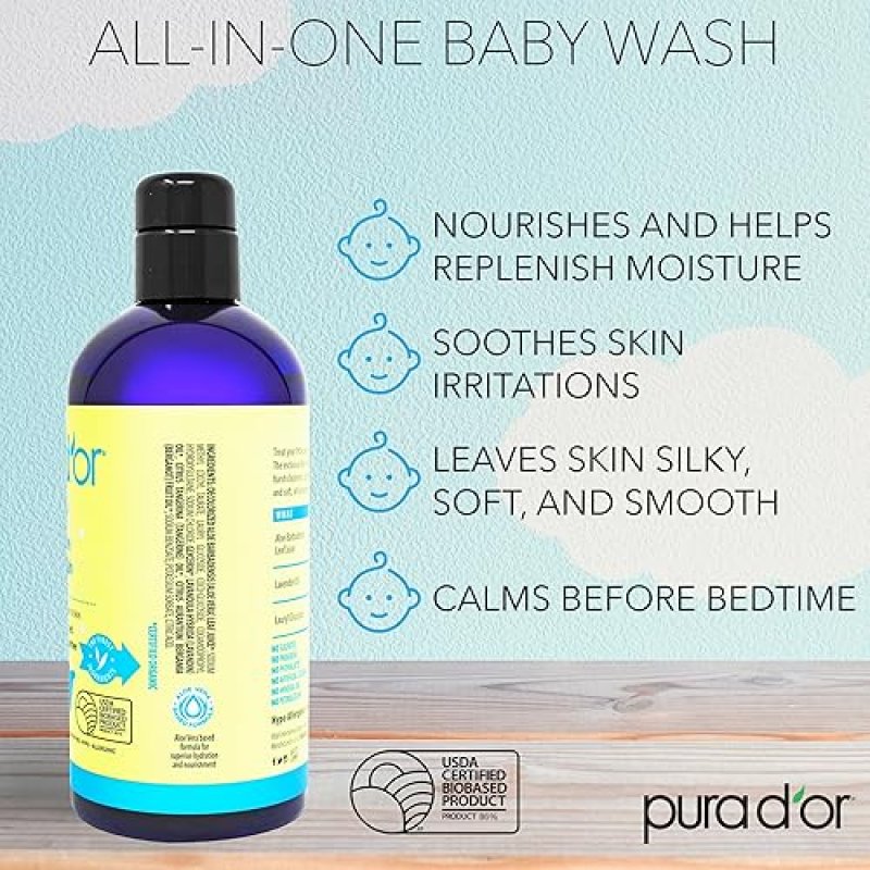 PURA DOR CALMING BABY WASH SHAMPOO 16OZ, TEAR-FREE, SULFATE-FREE, ALOE, GENTLE, USDA CERTIFIED