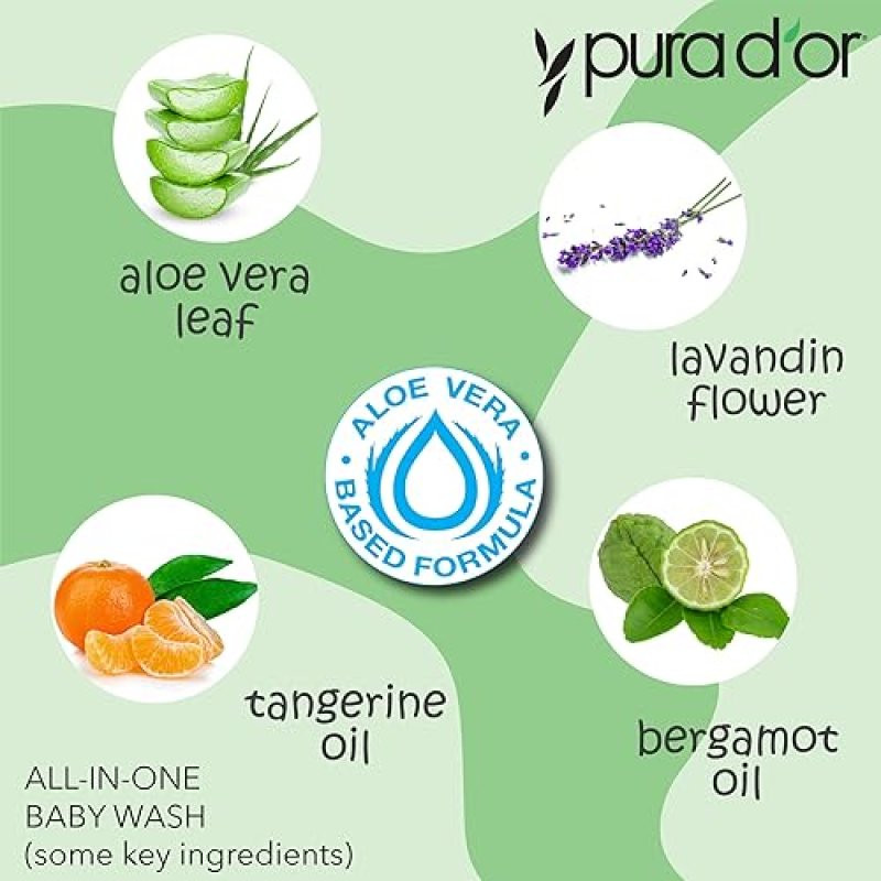PURA DOR CALMING BABY WASH SHAMPOO 16OZ, TEAR-FREE, SULFATE-FREE, ALOE, GENTLE, USDA CERTIFIED