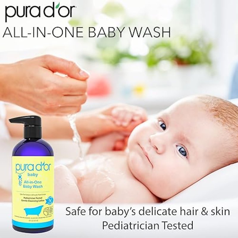 PURA DOR CALMING BABY WASH SHAMPOO 16OZ, TEAR-FREE, SULFATE-FREE, ALOE, GENTLE, USDA CERTIFIED