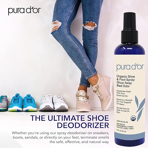 PURA DOR SHOE FOOT ODOR ELIMINATOR SPRAY, 8OZ ORGANIC DEODORIZER WITH ESSENTIAL OILS