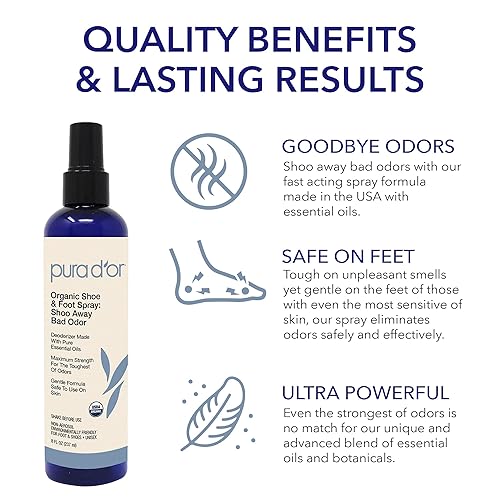PURA DOR SHOE FOOT ODOR ELIMINATOR SPRAY, 8OZ ORGANIC DEODORIZER WITH ESSENTIAL OILS
