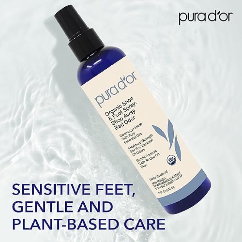 PURA DOR SHOE FOOT ODOR ELIMINATOR SPRAY, 8OZ ORGANIC DEODORIZER WITH ESSENTIAL OILS
