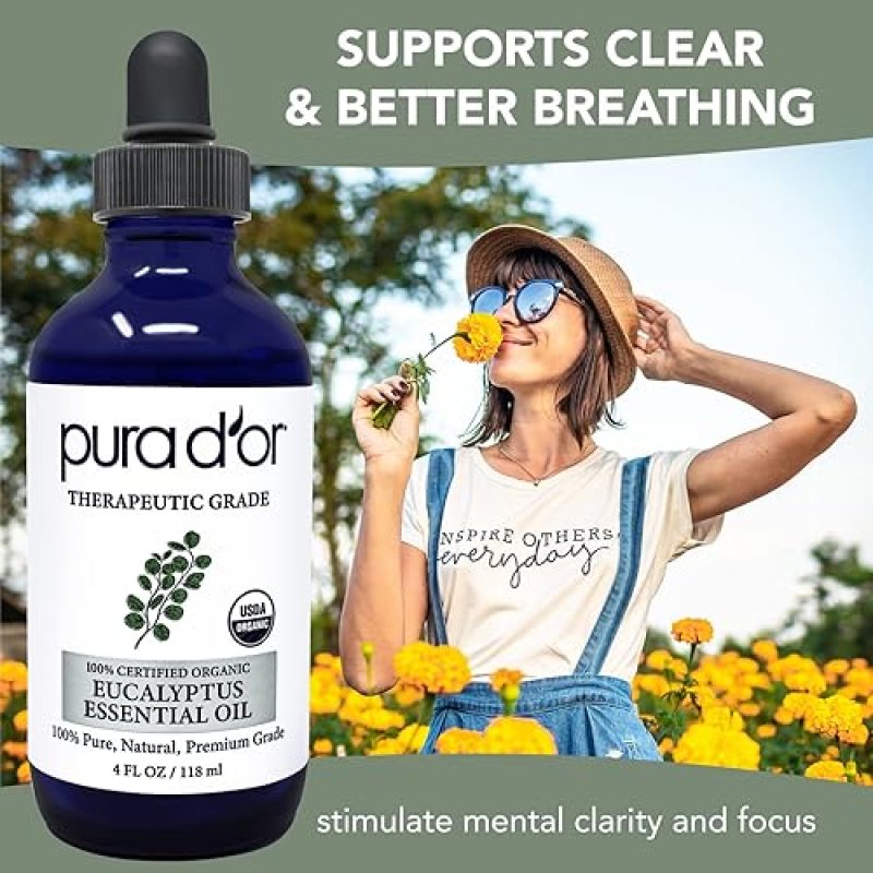 PURA DOR ORGANIC EUCALYPTUS ESSENTIAL OIL 4OZ PURE AROMATHERAPY FOR HAIR, SKIN, DIFFUSER, MASSAGE