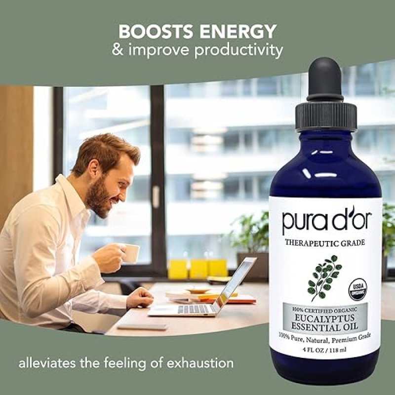 PURA DOR ORGANIC EUCALYPTUS ESSENTIAL OIL 4OZ PURE AROMATHERAPY FOR HAIR, SKIN, DIFFUSER, MASSAGE