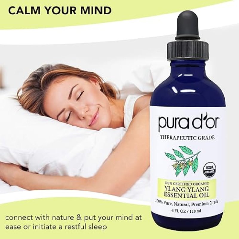 PURA DOR ORGANIC YLANG YLANG ESSENTIAL OIL 4OZ 100 PURE, THERAPEUTIC GRADE FOR HAIR, SKIN, AROMATHER