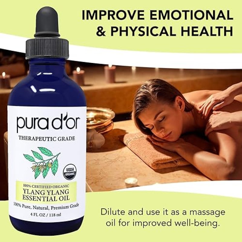 PURA DOR ORGANIC YLANG YLANG ESSENTIAL OIL 4OZ 100 PURE, THERAPEUTIC GRADE FOR HAIR, SKIN, AROMATHER
