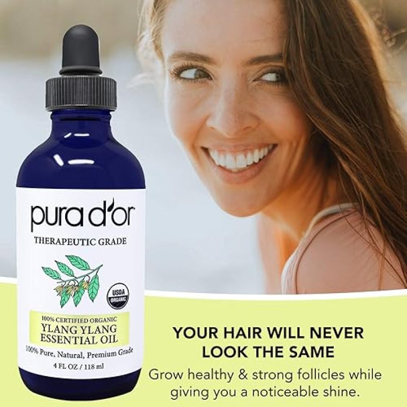 PURA DOR ORGANIC YLANG YLANG ESSENTIAL OIL 4OZ 100 PURE, THERAPEUTIC GRADE FOR HAIR, SKIN, AROMATHER