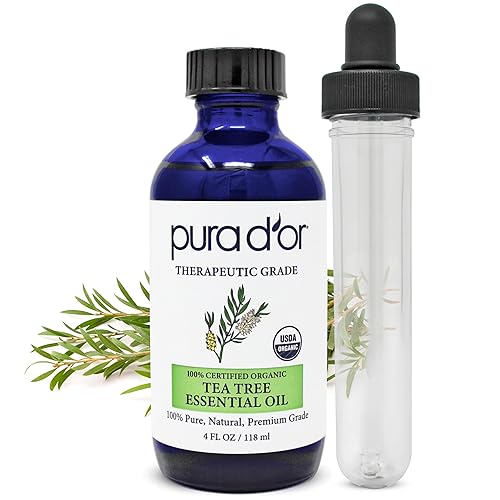 PURA DOR ORGANIC TEA TREE OIL 4OZ 100 PURE MELALEUCA, THERAPEUTIC GRADE FOR HAIR, SKIN, DIFFUSER