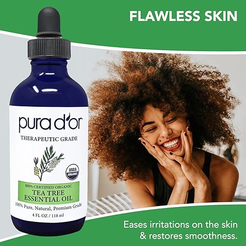 PURA DOR ORGANIC TEA TREE OIL 4OZ 100 PURE MELALEUCA, THERAPEUTIC GRADE FOR HAIR, SKIN, DIFFUSER