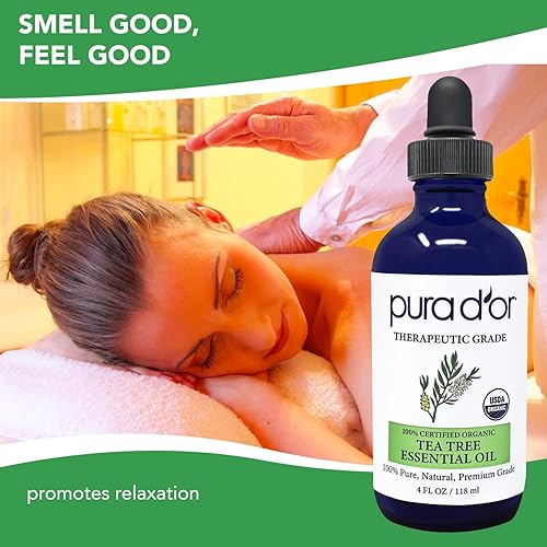 PURA DOR ORGANIC TEA TREE OIL 4OZ 100 PURE MELALEUCA, THERAPEUTIC GRADE FOR HAIR, SKIN, DIFFUSER