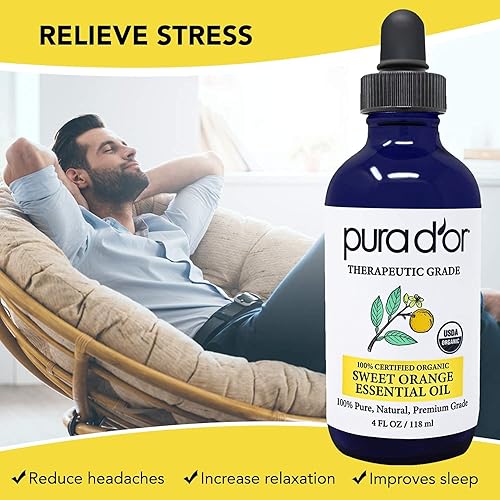PURA DOR ORGANIC SWEET ORANGE ESSENTIAL OIL 4OZ PURE AROMATHERAPY FOR HAIR, SKIN DIFFUSER