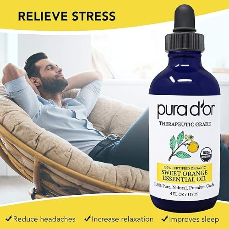 PURA DOR ORGANIC SWEET ORANGE ESSENTIAL OIL 4OZ PURE AROMATHERAPY FOR HAIR, SKIN DIFFUSER