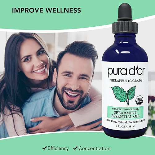 PURA DOR ORGANIC SPEARMINT ESSENTIAL OIL 4OZ 100 PURE USDA CERTIFIED AROMATHERAPY DROPPER