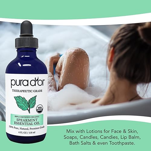 PURA DOR ORGANIC SPEARMINT ESSENTIAL OIL 4OZ 100 PURE USDA CERTIFIED AROMATHERAPY DROPPER