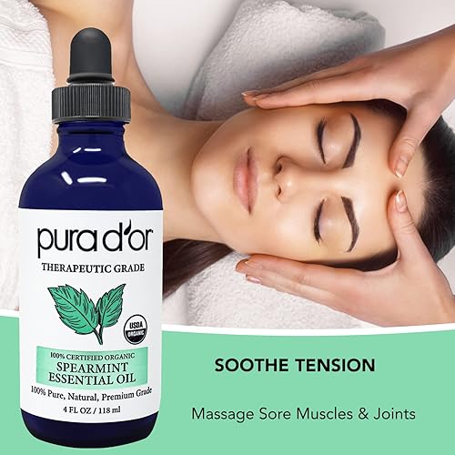 PURA DOR ORGANIC SPEARMINT ESSENTIAL OIL 4OZ 100 PURE USDA CERTIFIED AROMATHERAPY DROPPER