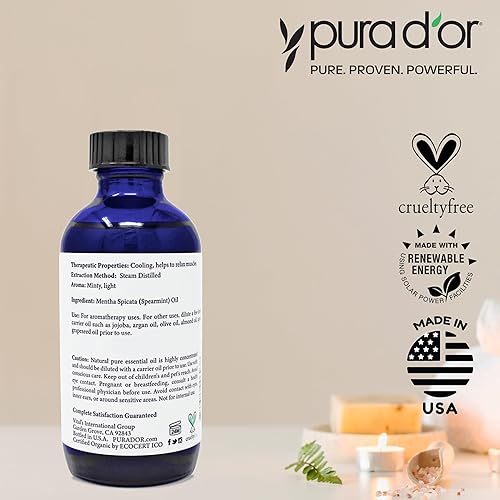 PURA DOR ORGANIC SPEARMINT ESSENTIAL OIL 4OZ 100 PURE USDA CERTIFIED AROMATHERAPY DROPPER