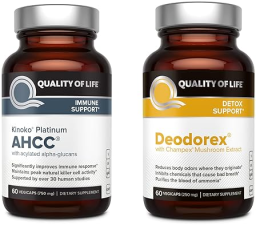 QUALITY OF LIFE ALL NATURAL IMMUNE SUPPORT DETOX BUNDLE KINOKO PLATINUM AHCC MUSHROOM DEODOREX SUPPLEMENT