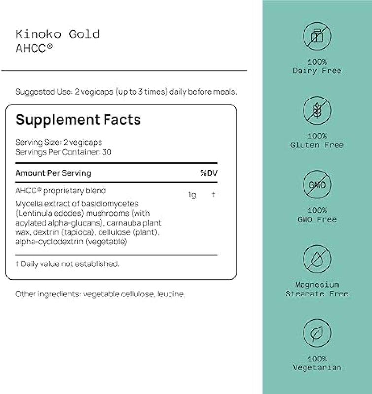QUALITY OF LIFE PREMIUM KINOKO GOLD AHCC 500MG IMMUNE LIVER SUPPORT SUPPLEMENT, 60 VEG CAPSULES