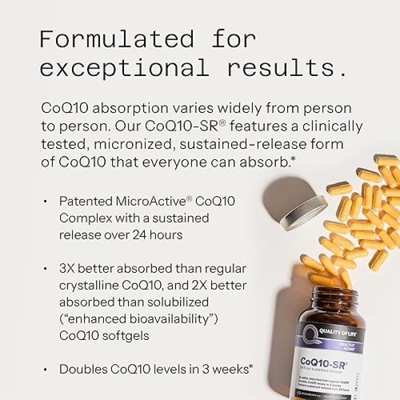 QUALITY OF LIFE COQ10 100MG SUSTAINED RELEASE SUPPLEMENT ENHANCED ABSORPTION, ENERGY IMMUNE SUPPORT, 60 CAPS
