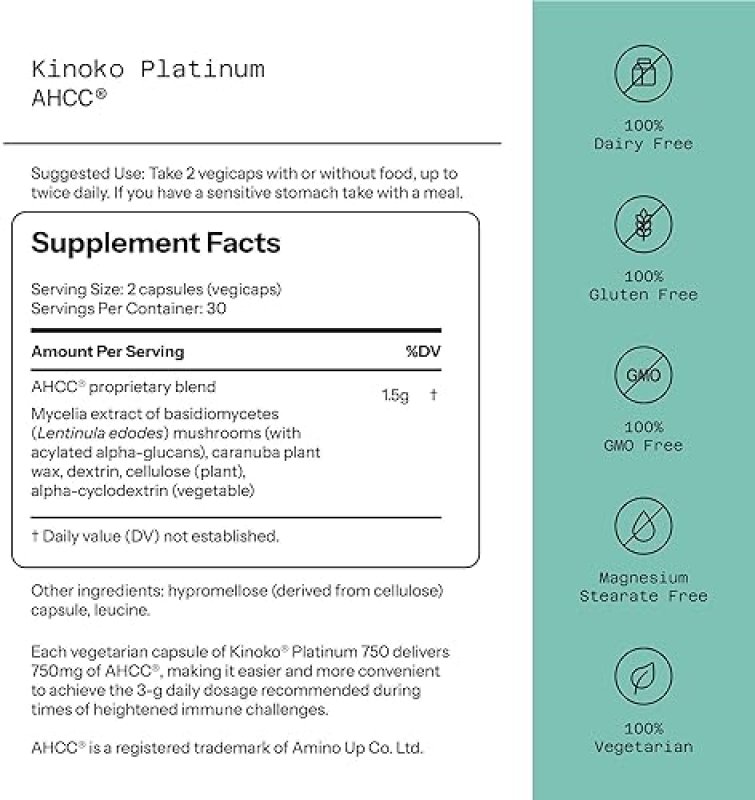 QUALITY OF LIFE AHCC KINOKO PLATINUM 750MG IMMUNE LIVER SUPPORT SUPPLEMENT, 60 VEGGIE CAPSULES,