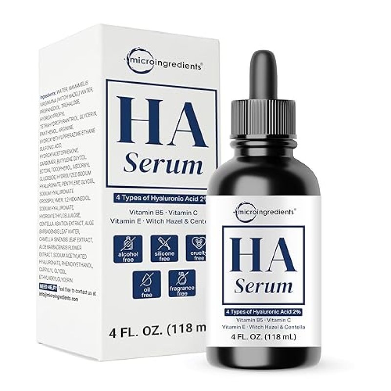 MICRO INGREDIENTS HYALURONIC ACID SERUM 4OZ 4 TYPES HA 2 WITH VITAMIN B5 C E, WITCH HAZEL, CENTELLA HYDRATING, OIL-FRE