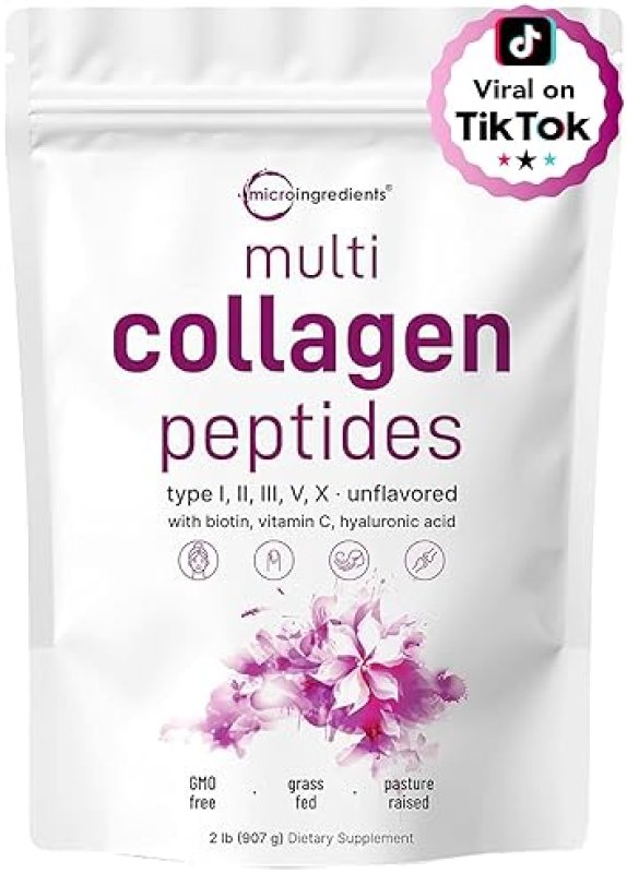 MICRO INGREDIENTS MULTI COLLAGEN PEPTIDES POWDER 2LB TYPES I, II, III, V, X BIOTIN, HYALURONIC ACID, VITAMIN C, UNFLAV