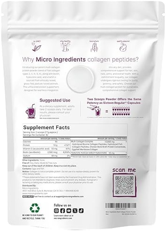 MICRO INGREDIENTS MULTI COLLAGEN PEPTIDES POWDER 2LB TYPES I, II, III, V, X BIOTIN, HYALURONIC ACID, VITAMIN C, UNFLAV