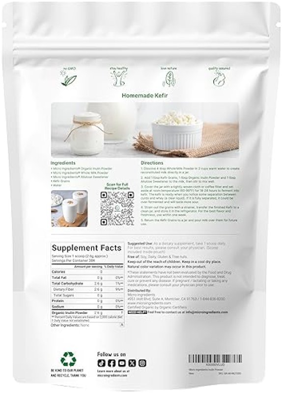 MICRO INGREDIENTS ORGANIC INULIN FOS FIBER POWDER 2.2 LBS WATER-SOLUBLE PREBIOTIC, VEGAN, CLEAR DISSOLVE, SMOOTHIES