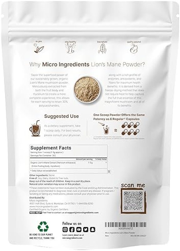 MICRO INGREDIENTS ORGANIC LION S MANE MUSHROOM POWDER 16OZ PURE FRUITING BODY, BRAIN IMMUNE SUPPORT, VEGAN, NON-GMO