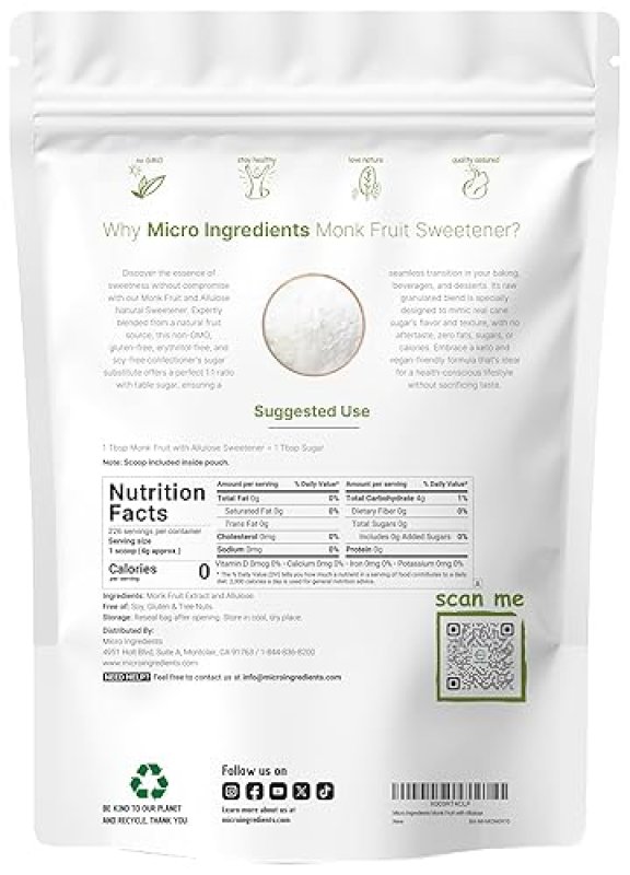 MICRO INGREDIENTS MONK FRUIT ALLULOSE SWEETENER, 2 LBS NO ERYTHRITOL KETO, VEGAN, ZERO CALORIE, 1 1 SUGAR SUBSTITUTE