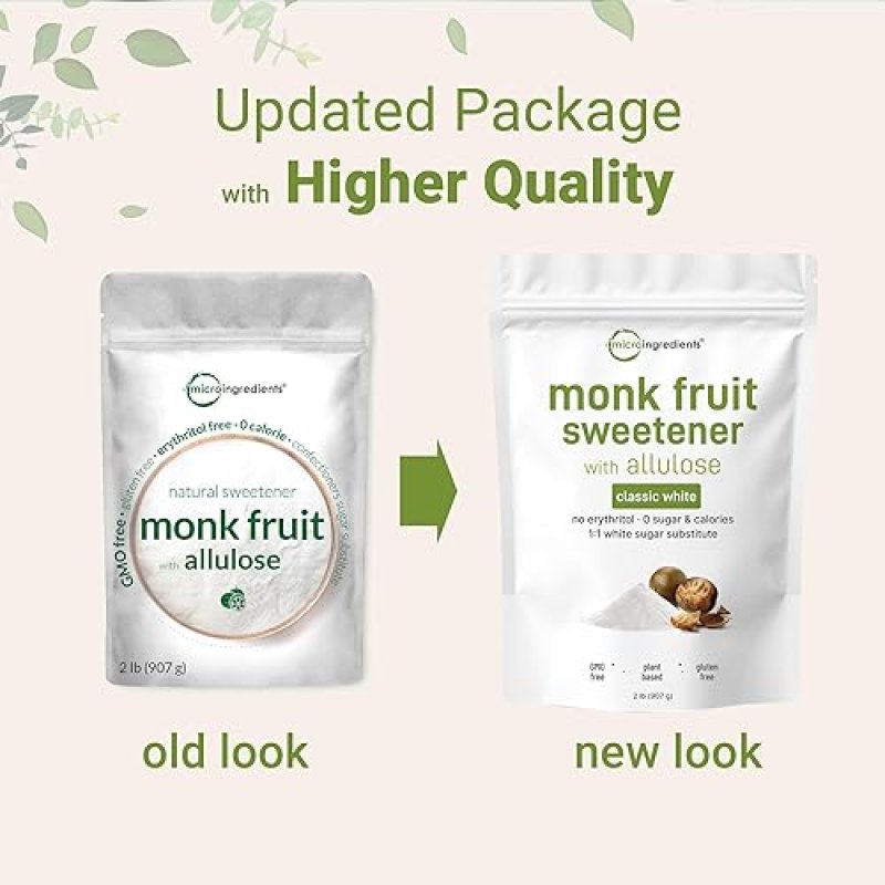 MICRO INGREDIENTS MONK FRUIT ALLULOSE SWEETENER, 2 LBS NO ERYTHRITOL KETO, VEGAN, ZERO CALORIE, 1 1 SUGAR SUBSTITUTE