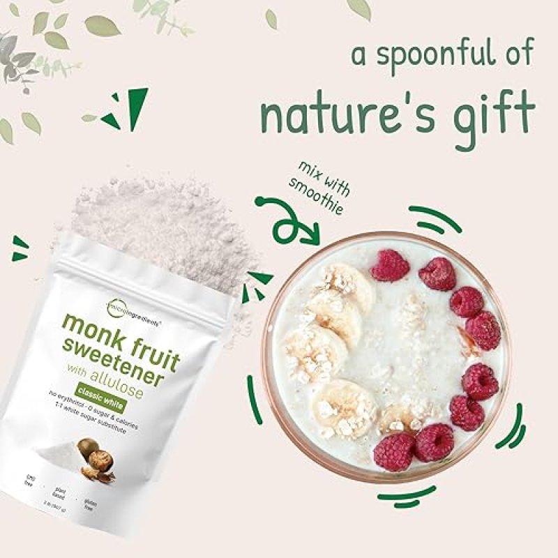 MICRO INGREDIENTS MONK FRUIT ALLULOSE SWEETENER, 2 LBS NO ERYTHRITOL KETO, VEGAN, ZERO CALORIE, 1 1 SUGAR SUBSTITUTE