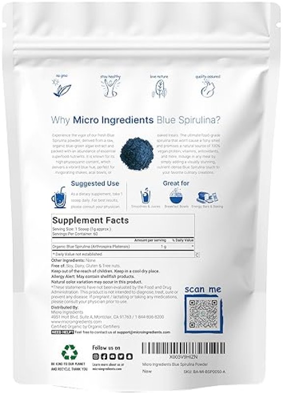 MICRO INGREDIENTS ORGANIC BLUE SPIRULINA POWDER VEGAN PHYCOCYANIN EXTRACT, 60 SERVINGS, NATURAL BLUE FOOD COLORING