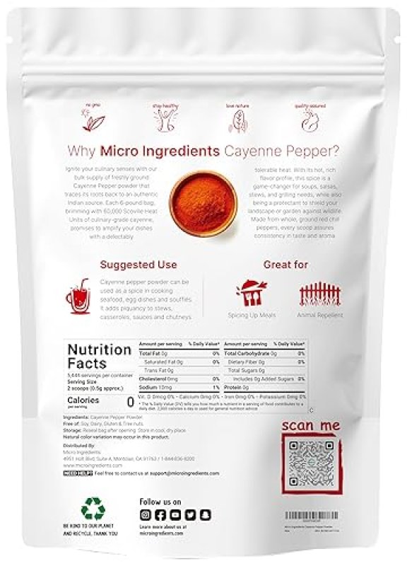 MICRO INGREDIENTS  BULK GROUND CAYENNE PEPPER POWDER 6 LB, 60,000 SHU, NON-GMO, ADDITIVE FREE, HOT SPICE SEASONING