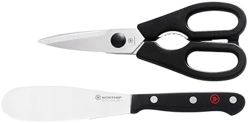 WUSTHOF GOURMET 2-PIECE KITCHEN SET SPREADER KNIFE SHEARS, BLACK HANDLES