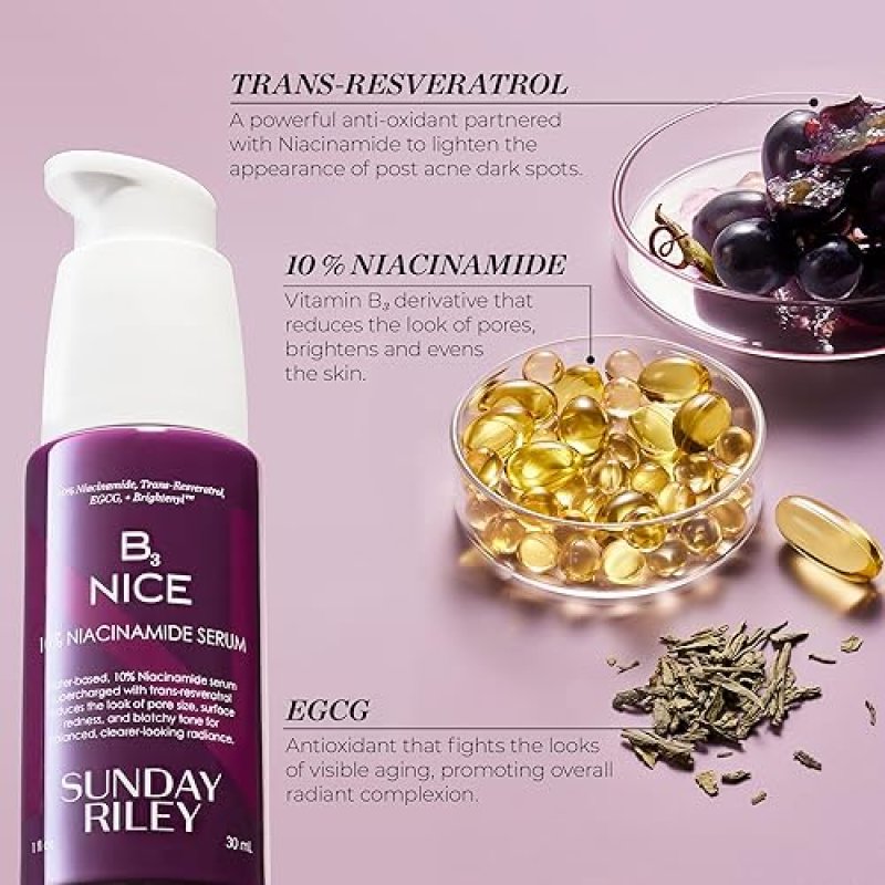 SUNDAY RILEY B3 NICE 10 NIACINAMIDE SERUM FOR FACE, BRIGHTENING PORE CARE, 1.0OZ