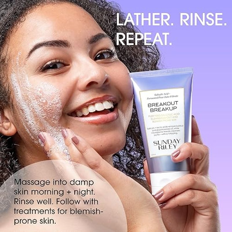 SUNDAY RILEY SALICYLIC ACID CLEANSER FOR ACNE BLEMISH-PRONE SKIN BREAKOUT BREAKUP FACE WASH