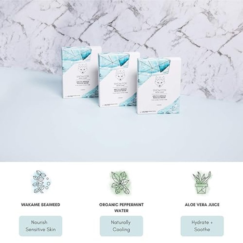SNOW FOX ARCTIC BREEZE SHEET MASK 5-PACK PEPPERMINT ALOE VERA HYDRATING COOLING FACE MASK