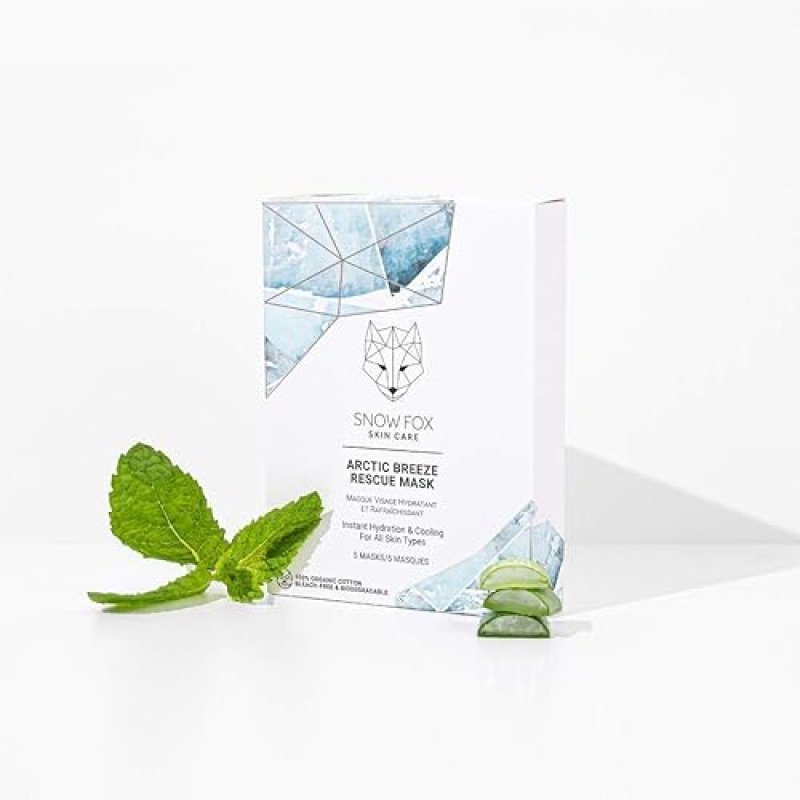 SNOW FOX ARCTIC BREEZE PEPPERMINT ALOE VERA SHEET MASK HYDRATING COOLING FACE MASK, 5 PACK