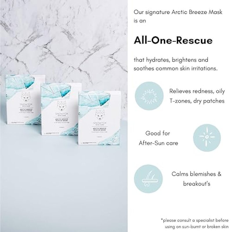SNOW FOX ARCTIC BREEZE PEPPERMINT ALOE VERA SHEET MASK HYDRATING COOLING FACE MASK, 5 PACK