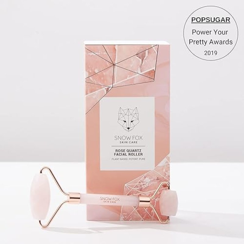 SNOW FOX ROSE QUARTZ FACIAL ROLLER AUTHENTIC DUAL-ENDED CRYSTAL, COOLING DE-PUFFING TOOL