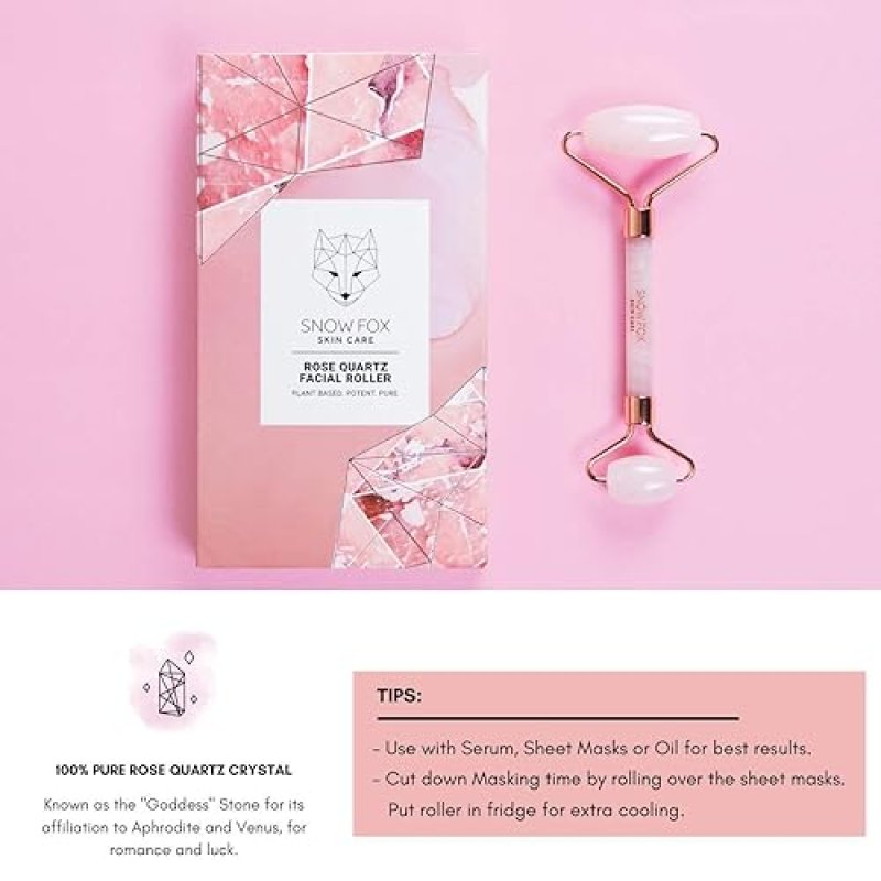 SNOW FOX ROSE QUARTZ FACIAL ROLLER AUTHENTIC DUAL-ENDED CRYSTAL, COOLING DE-PUFFING TOOL